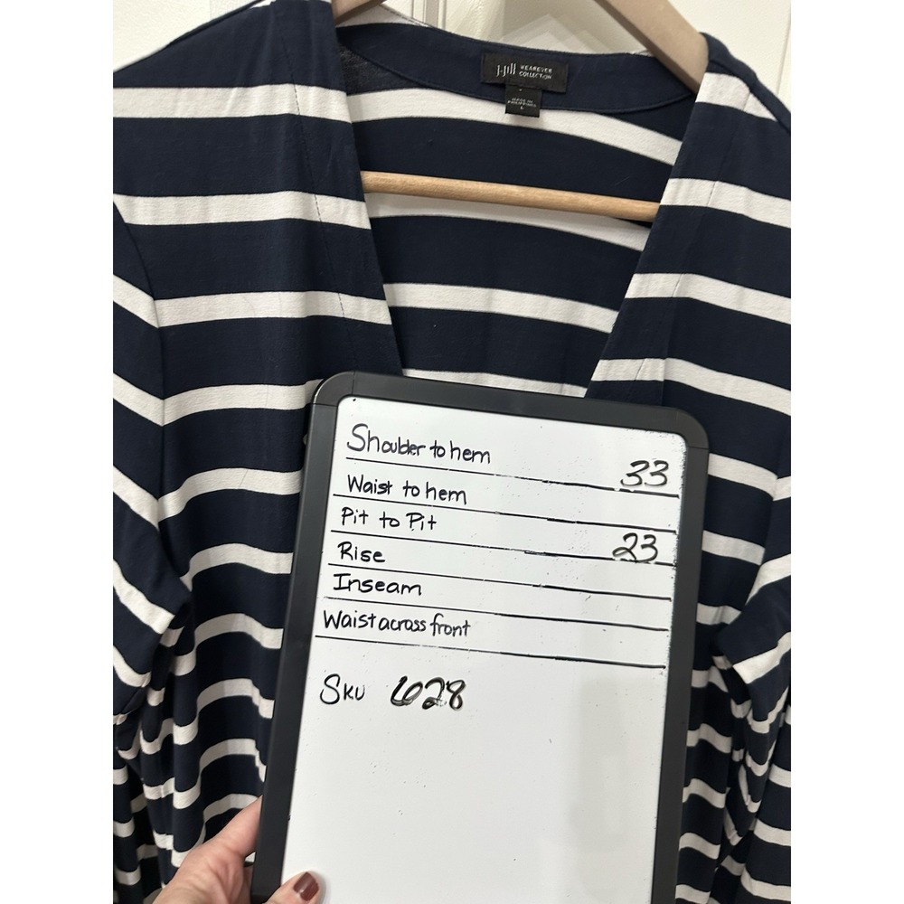 J. Jill Wearever Cardigan L Navy Blue White Striped Longline Single Button 628 - Picture 5 of 5